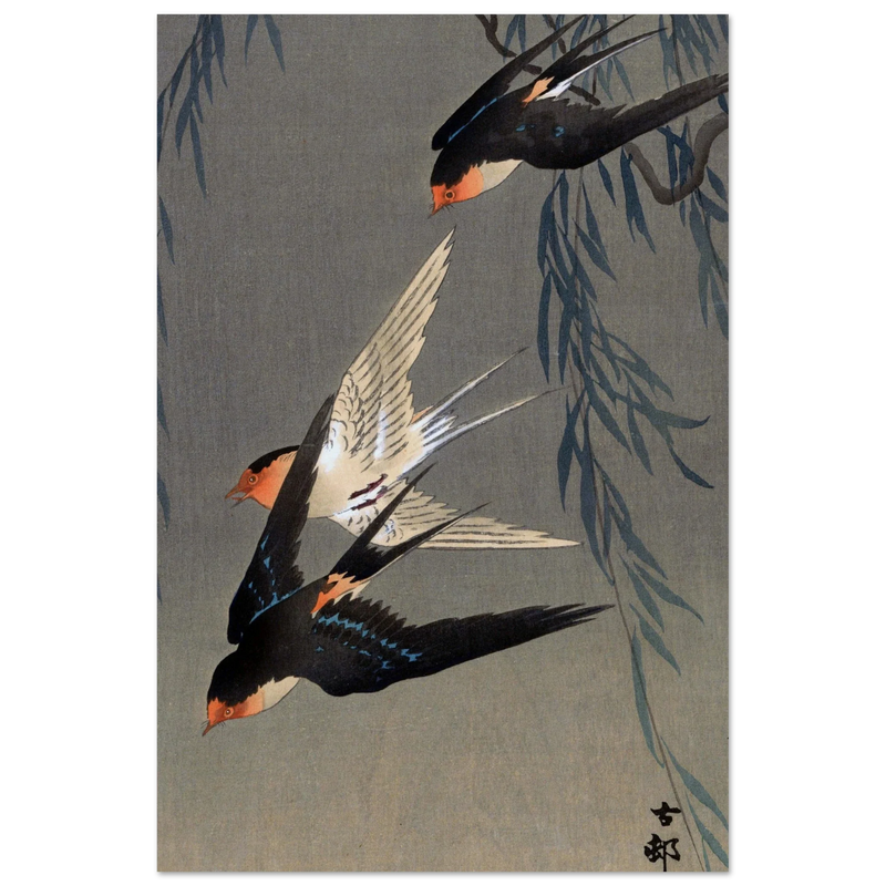 Ohara Koson Three red-rumped swallows in a dive