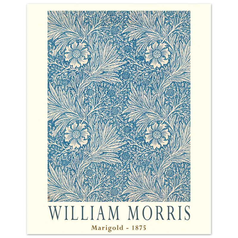 William Morris Marigold art print. Vintage wallpaper reproduction. Blue floral pattern.