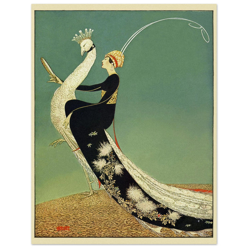 George Wolfe Plank fashion magazine cover of 1918. Woman riding peacock.