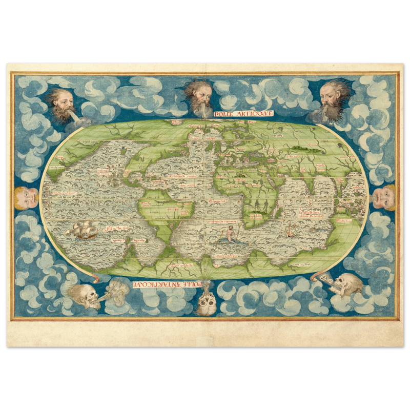 Ancient vintage old map of the world poster reproduction by Guillaume Le Testu 1555