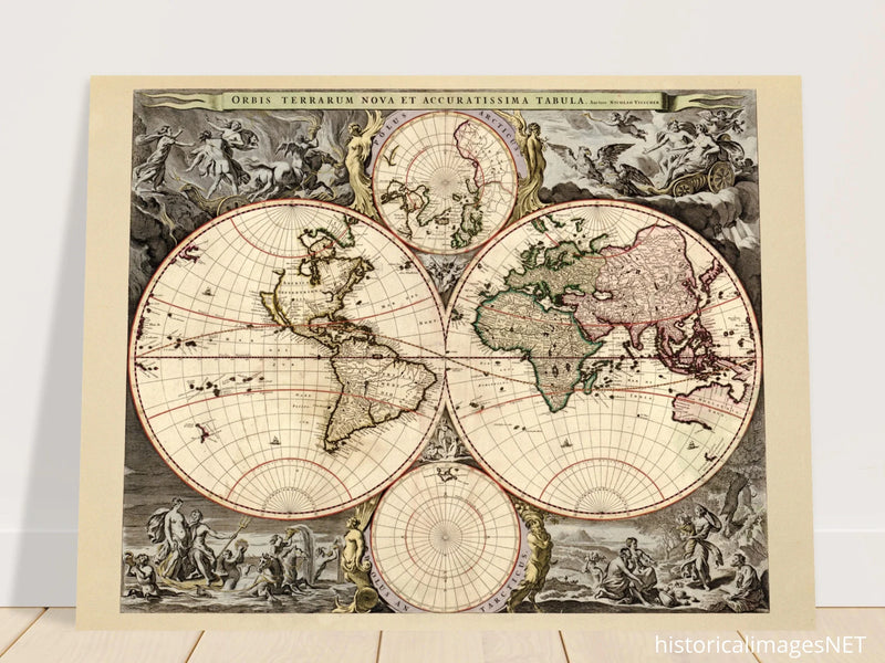 Antique world map print reproduction of the XVII Century. Orbis terrarum nova by Nicolaes Visscher II