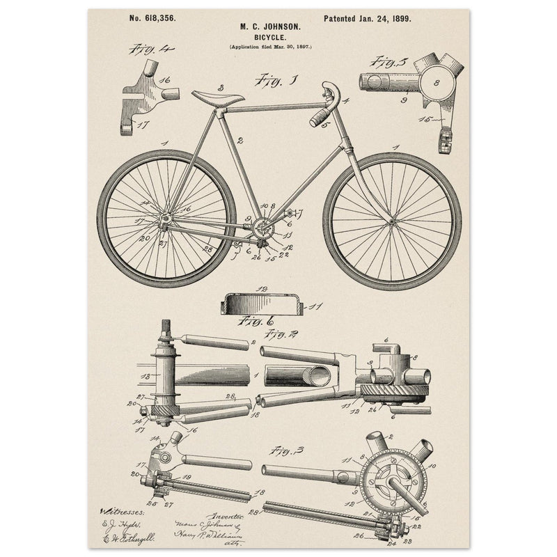 Vintage bicycle patent 1899 by M. C Johnson.