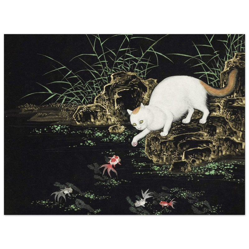 Cats amd fishes in pond. Oriental old painting by Shen Zhenlin.