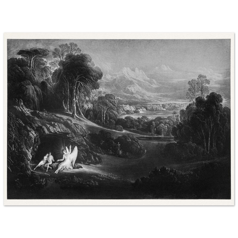 John Martin Paradise Lost vintage mezzoting engraving . Raphael Conversing with Adam and Eve .