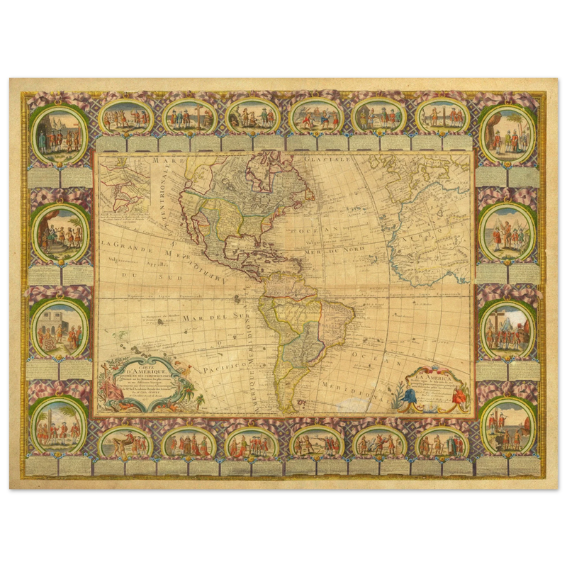 Ancient illustrated map of America. Poster of old cartography of the XVIII Century. Fine art .