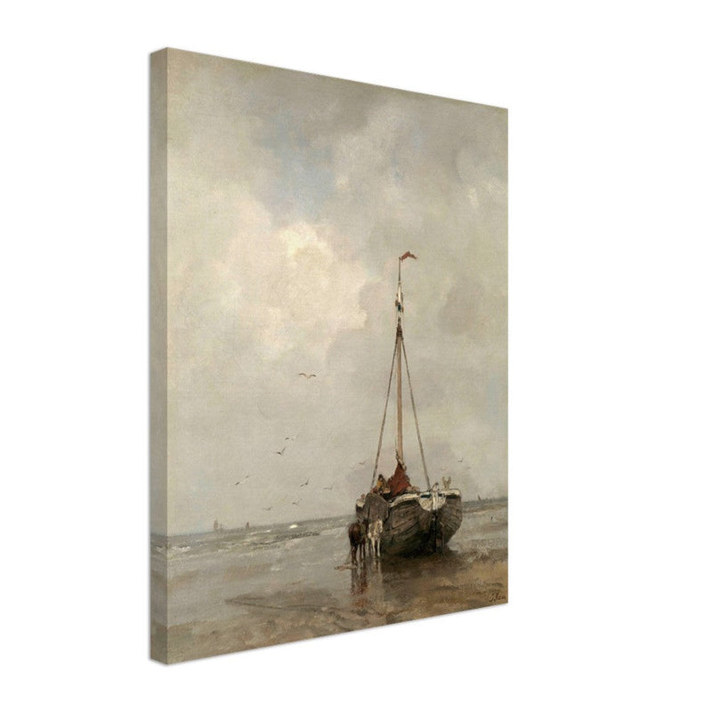 Jacob Maris old marine painting Bluff-bowed Fishing Boat on the Beach at Scheveningen.