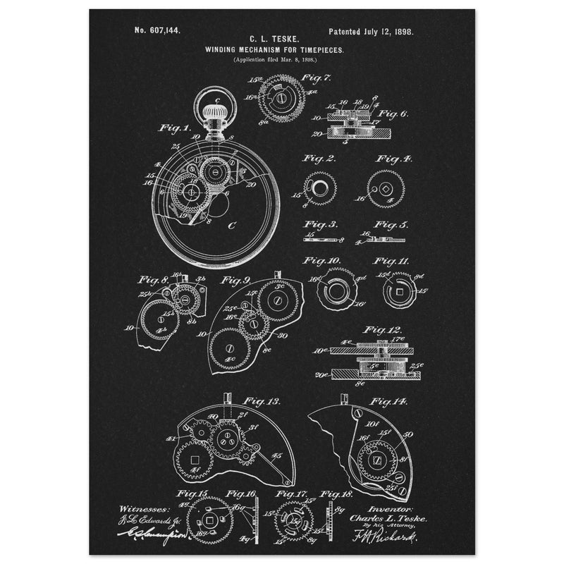 Winding Mechanism for Time Pieces, vintage clock patent .