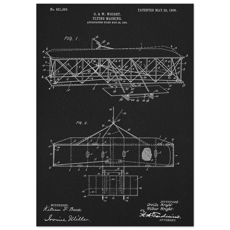 Flying machine patent 1906 by the Wright brothers. Vintage airplane.