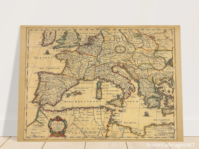 Ancient Europe map print from 1650. Lumen Historiarum per Occidentem by Petrus Kaerius