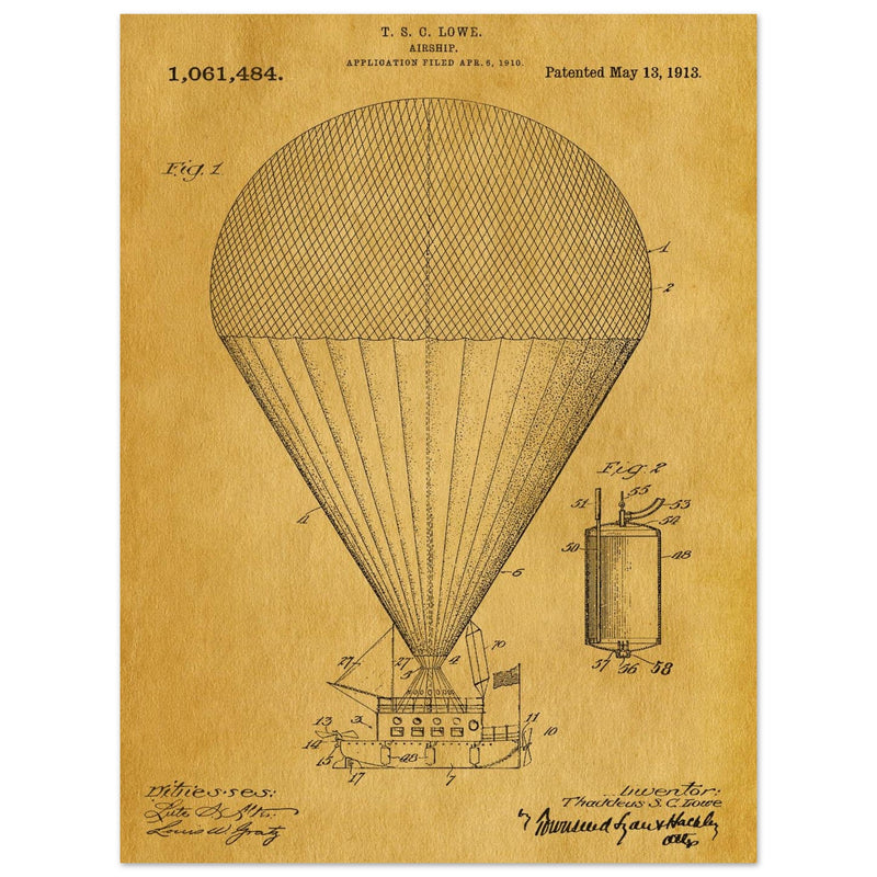 Airship patent drawing by T S C lowe Air balloon illustration