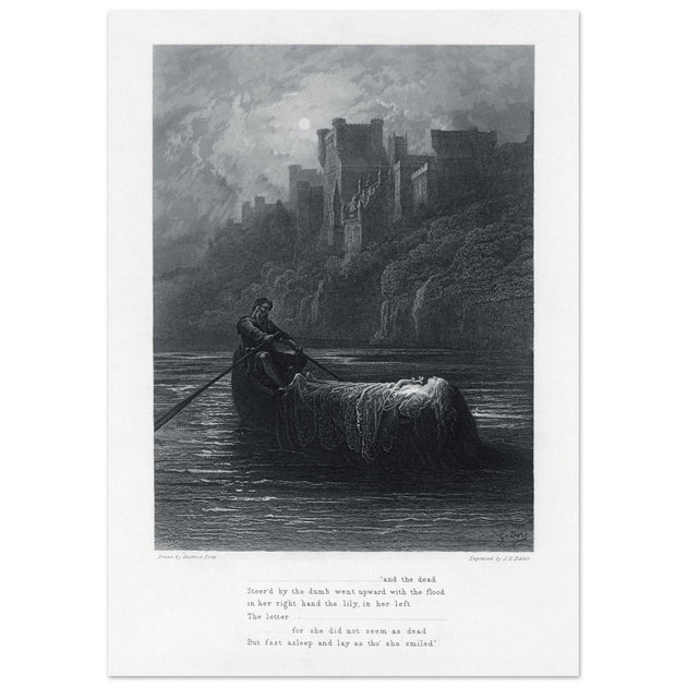 Gustave Dore illustration .The Body of Elaine on its way to King Arthur's Palace. Idylls of the King by Alfred Tennyson.