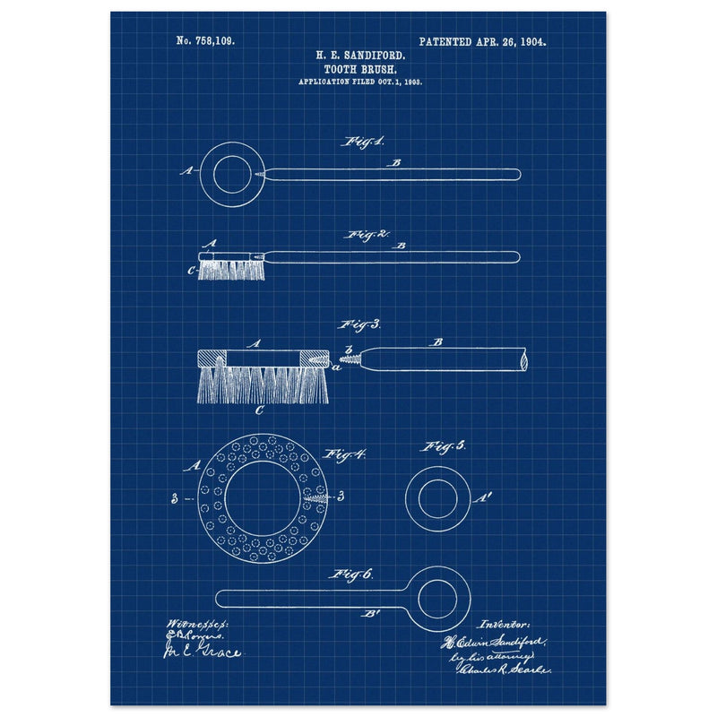 Toothbrush patent illustration by H E Sandiford.