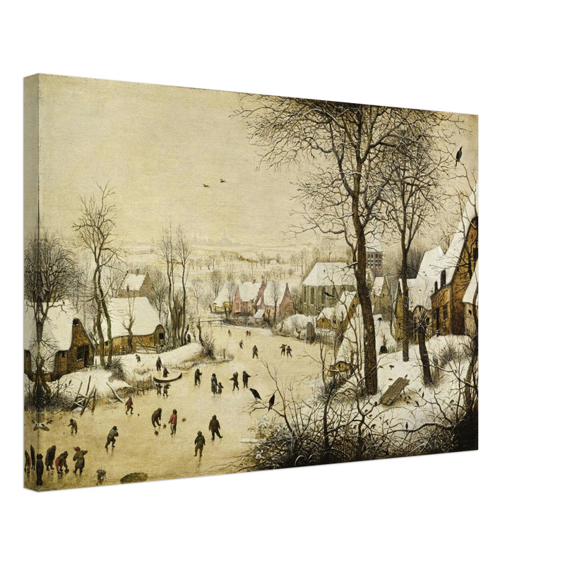 Winter Landscape with Skaters and Birds Trap painting by pieter Bruegel The Elder.