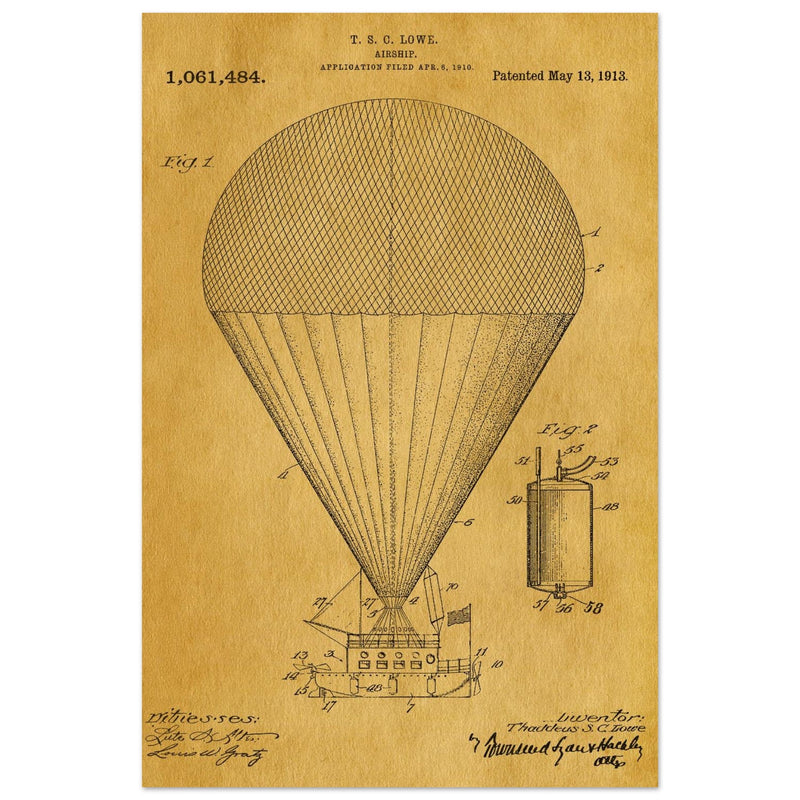 Airship patent drawing by T S C lowe Air balloon illustration