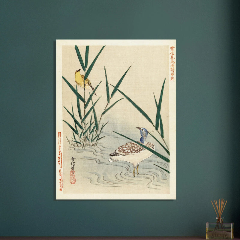 Water bird looking at yellow songbird by Kano Tsunenobu, 1893.