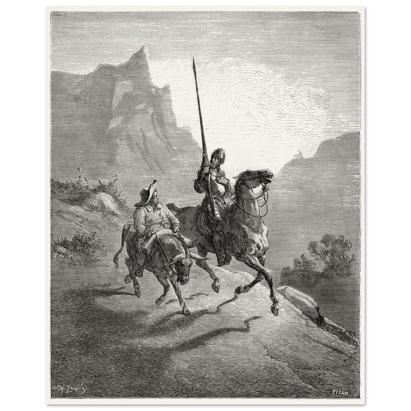 Don Quixote riding with Sancho Panza illustration by Gustave Dore.