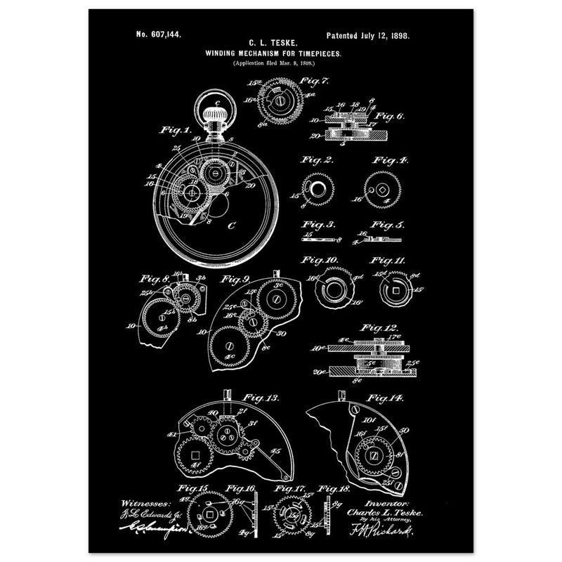 Winding Mechanism for Time Pieces, vintage clock patent .