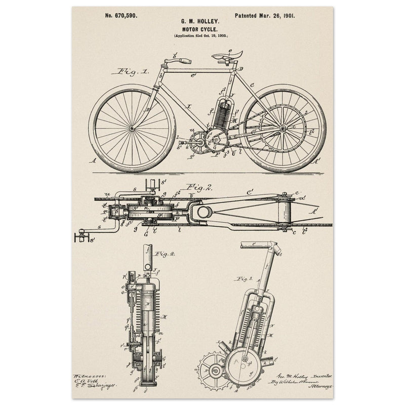 vintage motorcycle patent by G. M Holley.