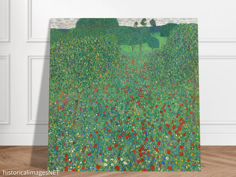 Gustav Klimt Flowering Poppies painting Green landscape .