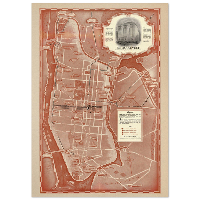 1938 New York City map. Created as an advertisement for the Roosevelt Hotel it includes major streets of Manhattan