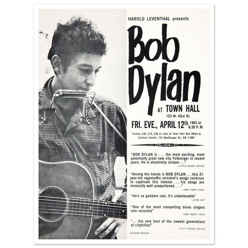 Bob Dylan concert poster Town Hall in New York City in 1963 performance.