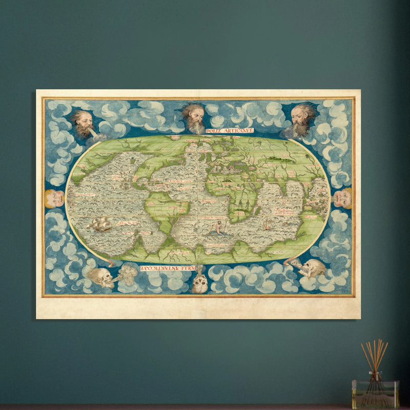 Ancient vintage old map of the world poster reproduction by Guillaume Le Testu 1555