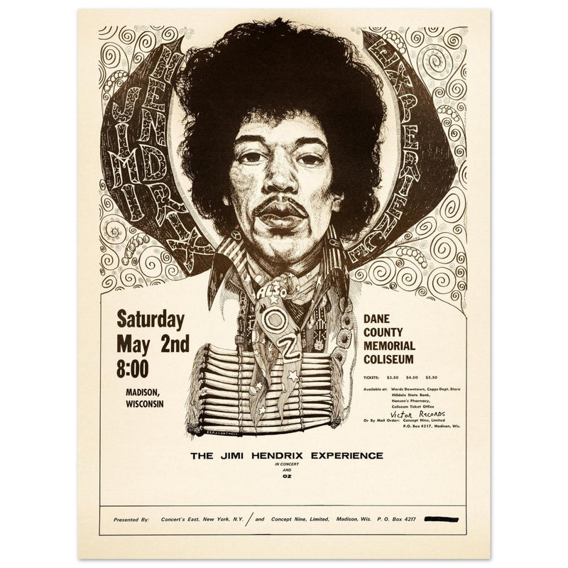 Jimy Hendrix vintage concert poster . Performance in Madison Wisconsin in 1970.
