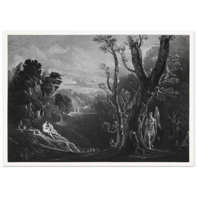 John Martin mezzotint engraving . Satan Contemplating Adam and Eve in Paradise. Paradise Lost by Milton.