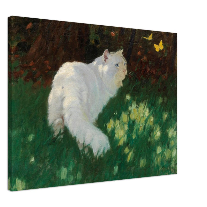 White Cat and Butterflies old painting by Arthur Heyer .