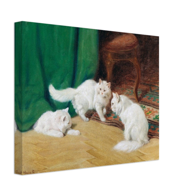 Three white cats playing old painting by Arthur Heyer.