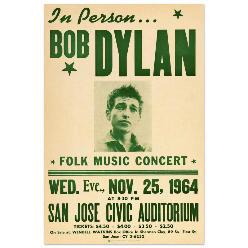 Bob Dylan music concert poster. Performance at the San Jose Civic Auditorium California in 1964.