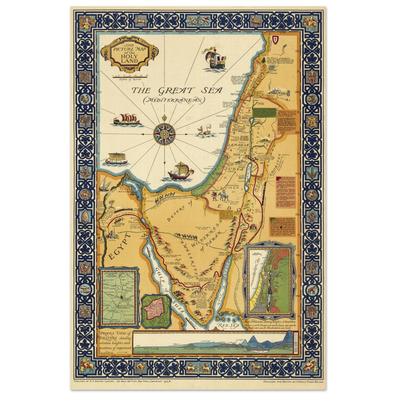 The Picture Map of the Holy Land by Harold Haven Brown . Biblical Palestine vintage map.