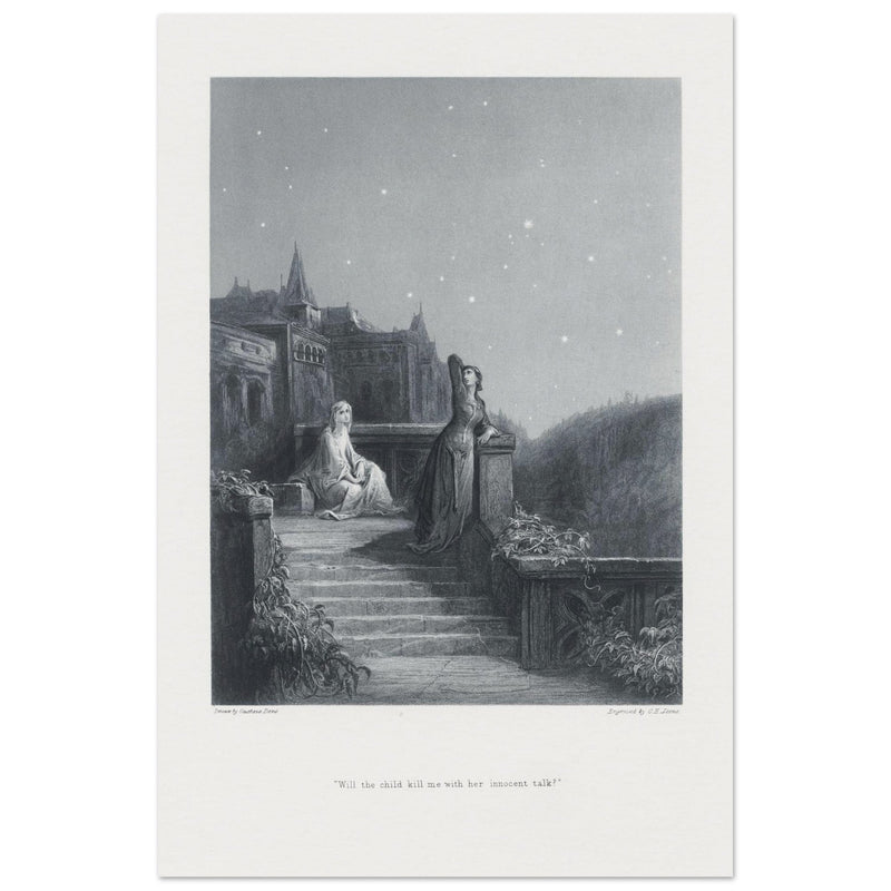 Gustave Dore illustration of King Arthur legend . Terrace scene with Guinevere. From the book Idylls of the King by Alfred Tennyson.