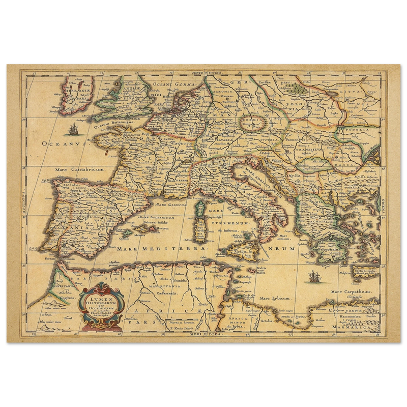 Ancient Europe map print from 1650. Lumen Historiarum per Occidentem by Petrus Kaerius