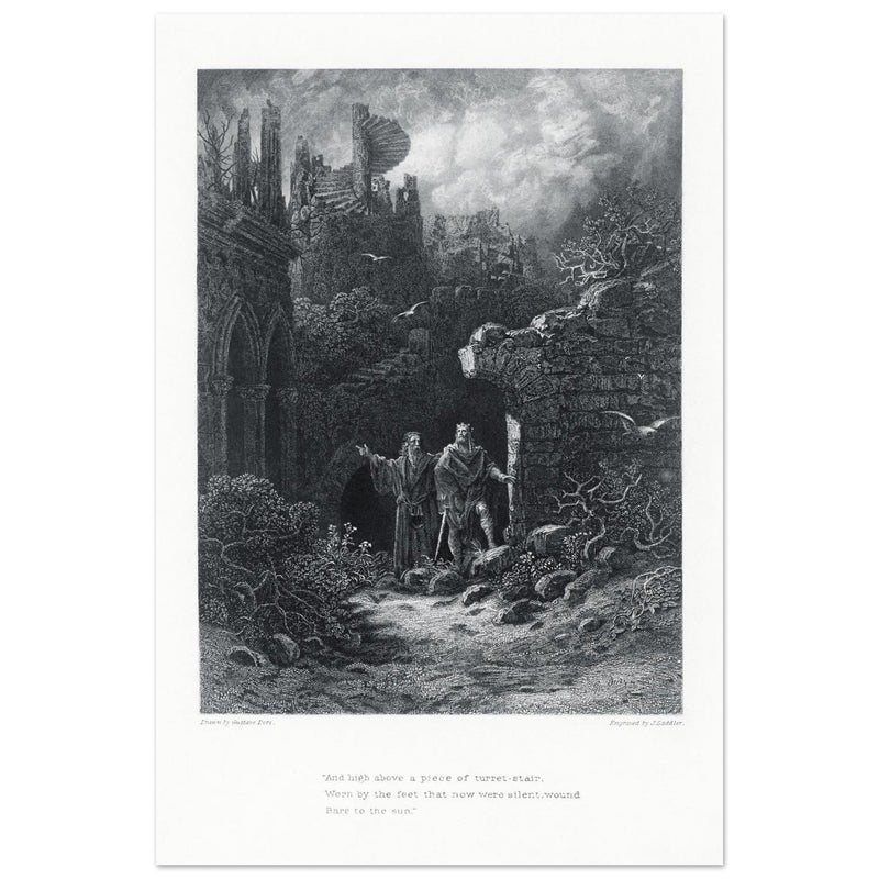 Gustave Dore illustration of King Arthur legends. Yniol Shows Prince Geraint His Ruined Castle. Idylls of the King by Alfred Tennyson