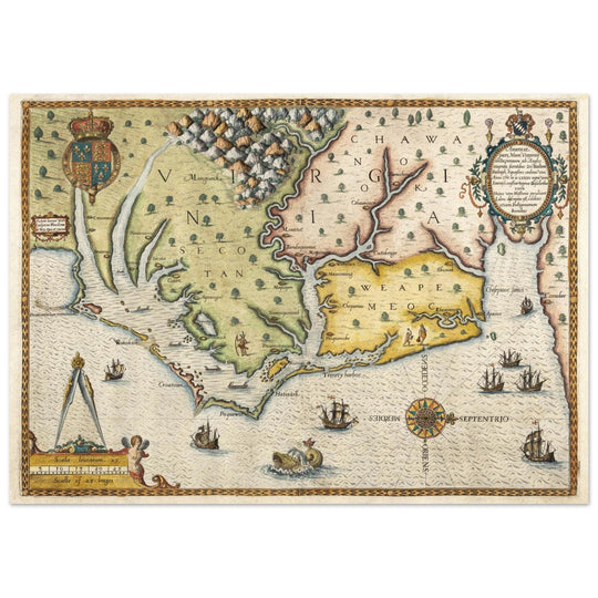 Ancient map of Virginia by Theodor de Bry XVI Century.