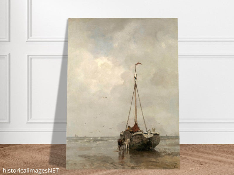 Jacob Maris old marine painting Bluff-bowed Fishing Boat on the Beach at Scheveningen.