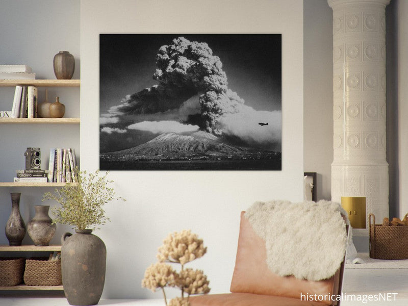 A Curtiss P-40 airplane in front of Mount Vesuvius' eruption in Italy 1944. War photography