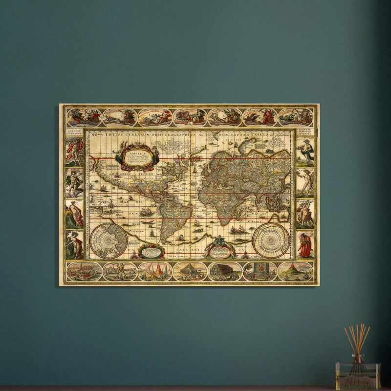Ancient world map print by Willem Janszoon. Poster of antique vintage old map of 1647.