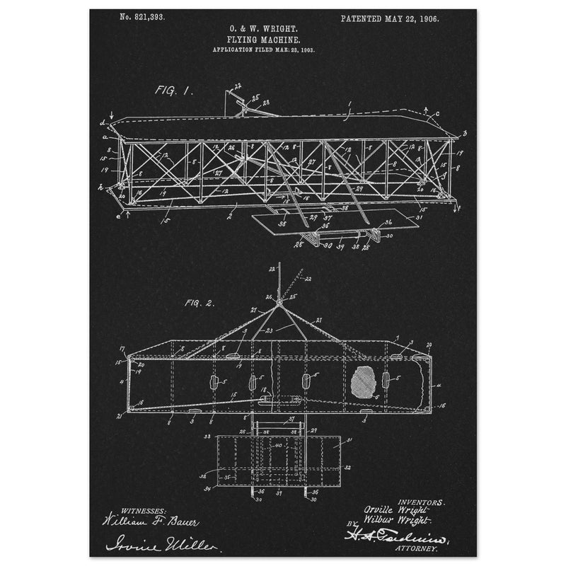 Flying machine patent 1906 by the Wright brothers. Vintage airplane.
