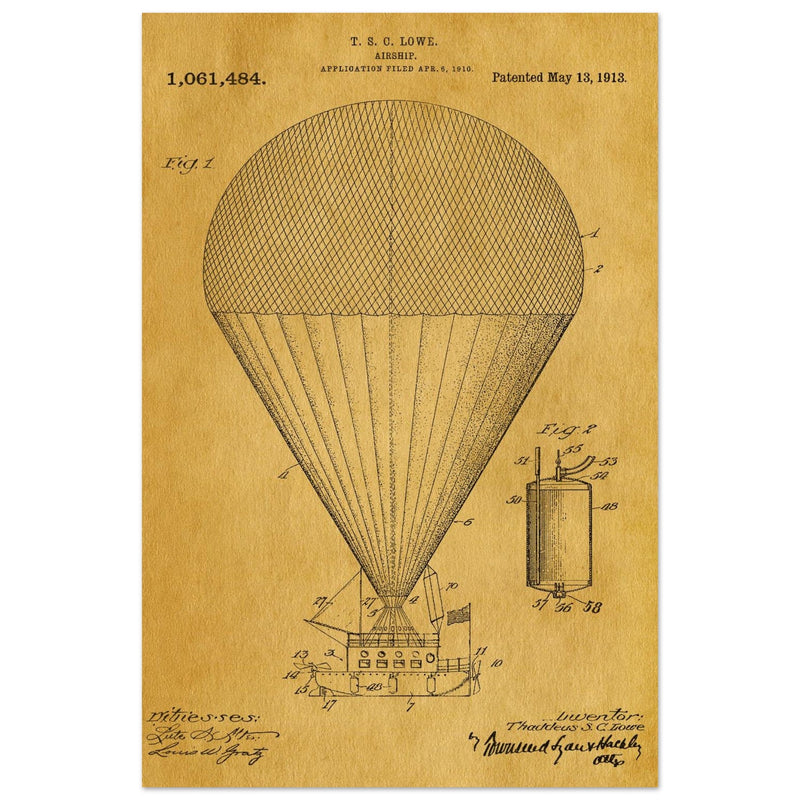 Airship patent drawing by T S C lowe Air balloon illustration