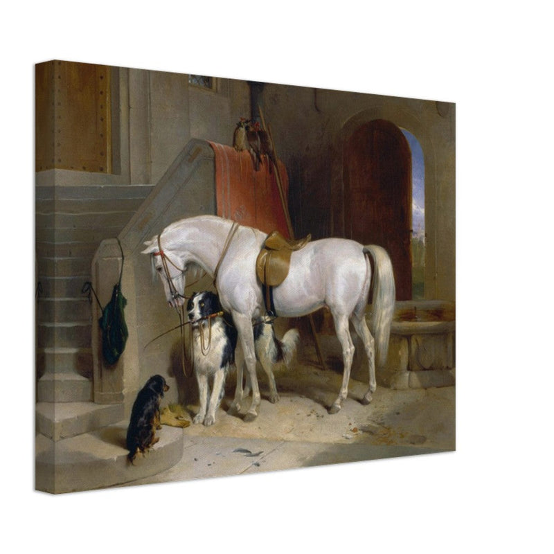 White horse in stable with dogs antique painting by Edwin Landseer.