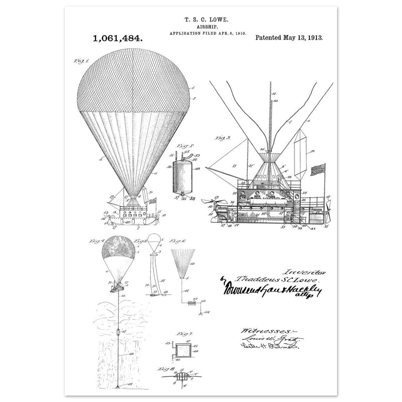Airship patent illustration by T S C Lowe. Air Balloon