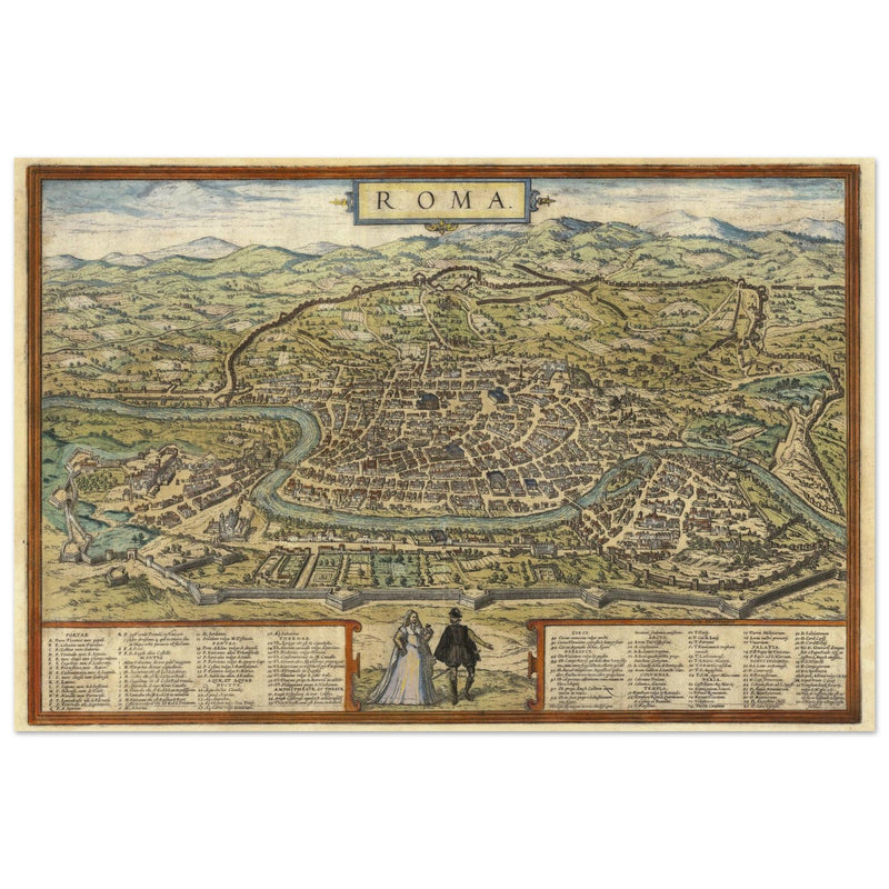 Ancient map of Rome with engravings by Georg Braun and Frans Hogenberg.