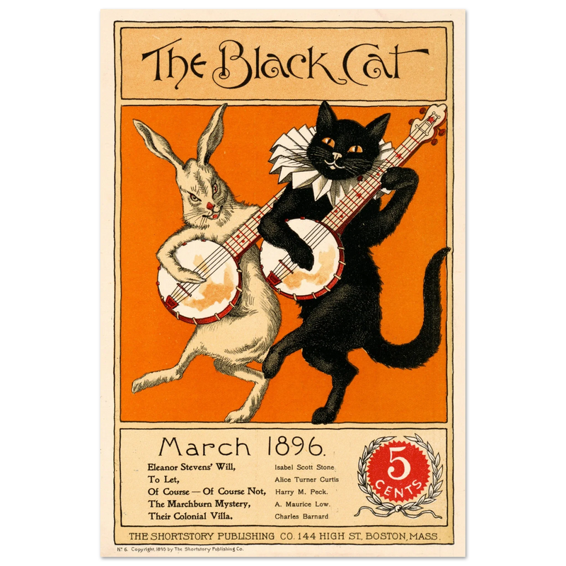 Rabbit and black cat playing banjos together as the cover illustration for The Black Cat Poster reproduction