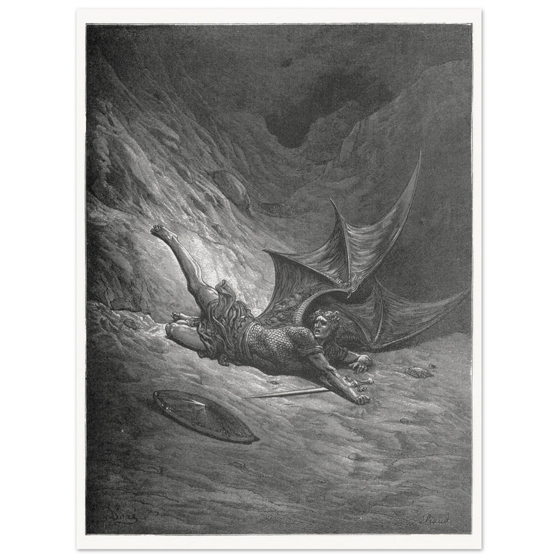 Gustave Dore Paradise Lost engraving . Satan wounded in battle experiences pain for the first time.