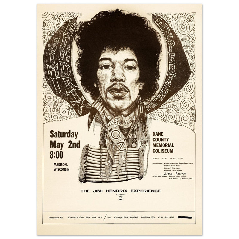 Jimy Hendrix vintage concert poster . Performance in Madison Wisconsin in 1970.