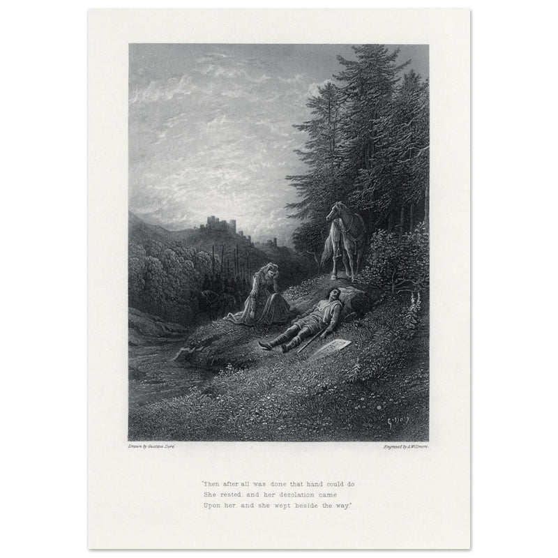 Gustave Dore illustration of King Arthur legend . Enid tends Geraint. From the book Idylls of the King by Alfred Tennyson.