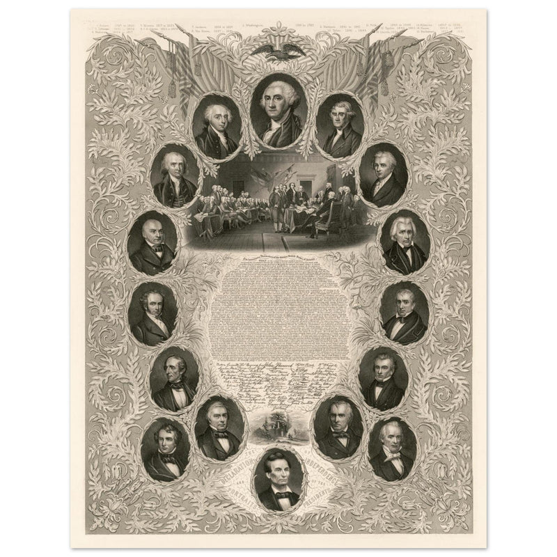 The Declaration of Independence and portraits of the United States  presidents. Walla rt decor