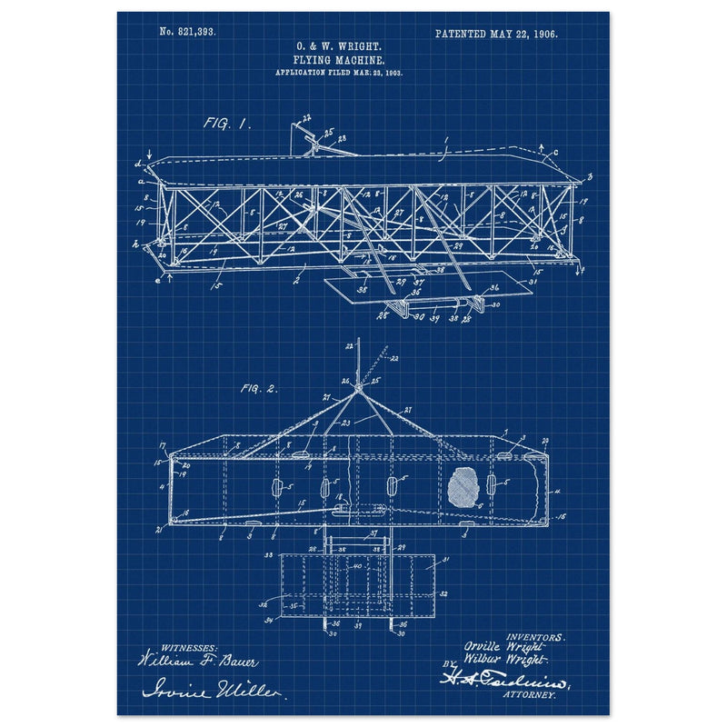 Flying machine patent 1906 by the Wright brothers. Vintage airplane.